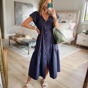 NWT 100% Cotton Dark Navy Blue Long V Neck Dress with Flutter Sleeves Size XS